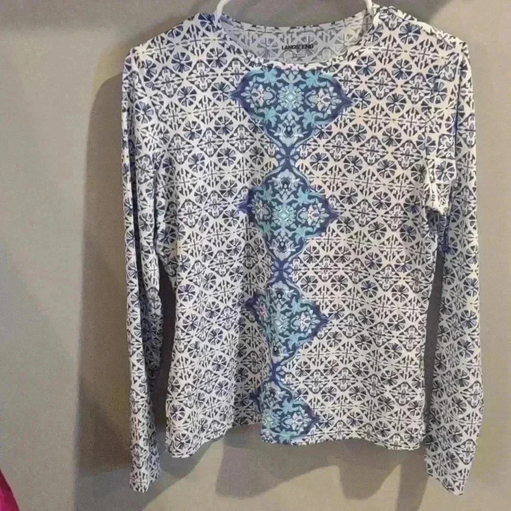Lands End multi color long sleeve swim rash‎ guard women's small